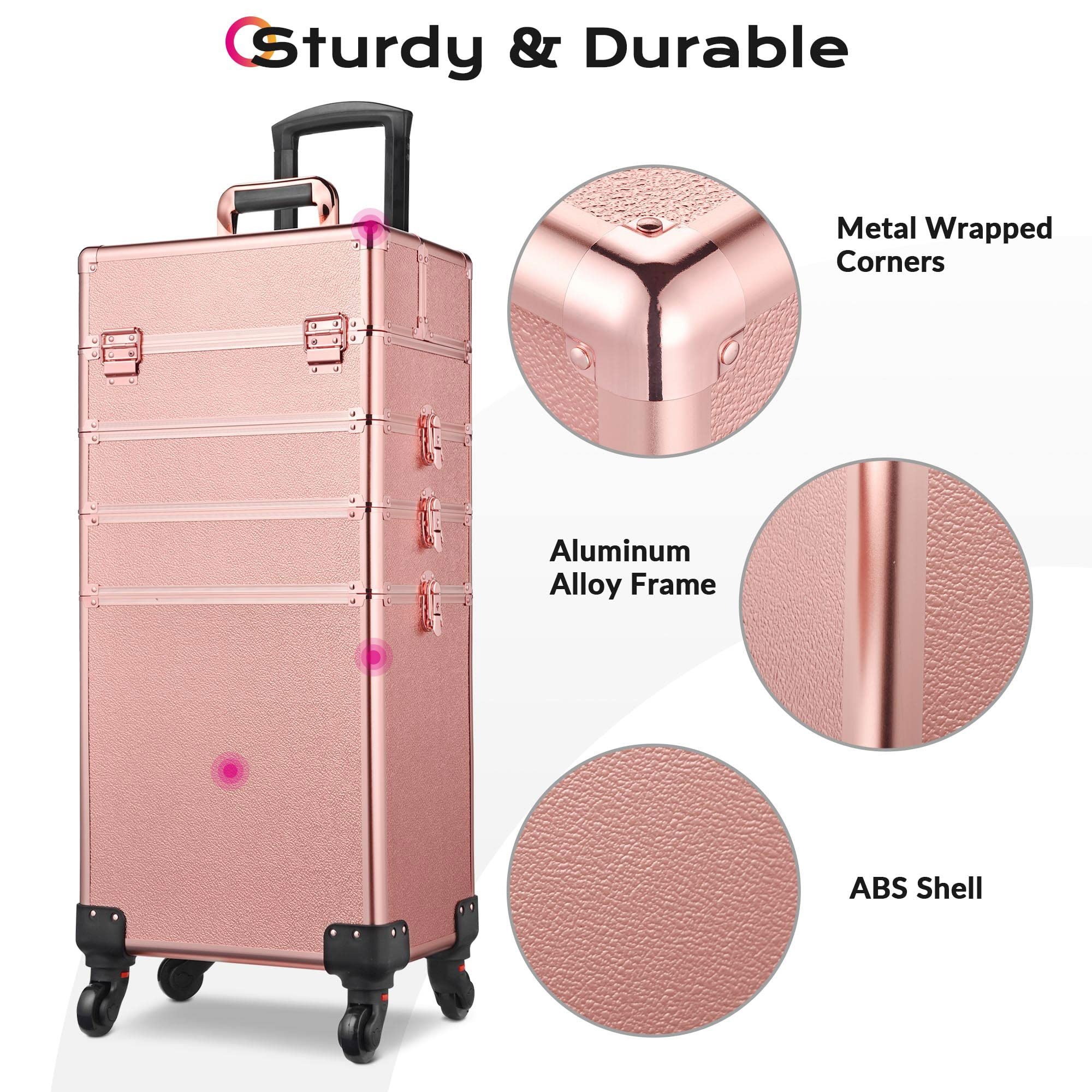 Rolling Makeup Train Case 4in1 Cosmetic Trolley Organizer Travel Case Lockable Salon Removable Wheels for Makeup Artist