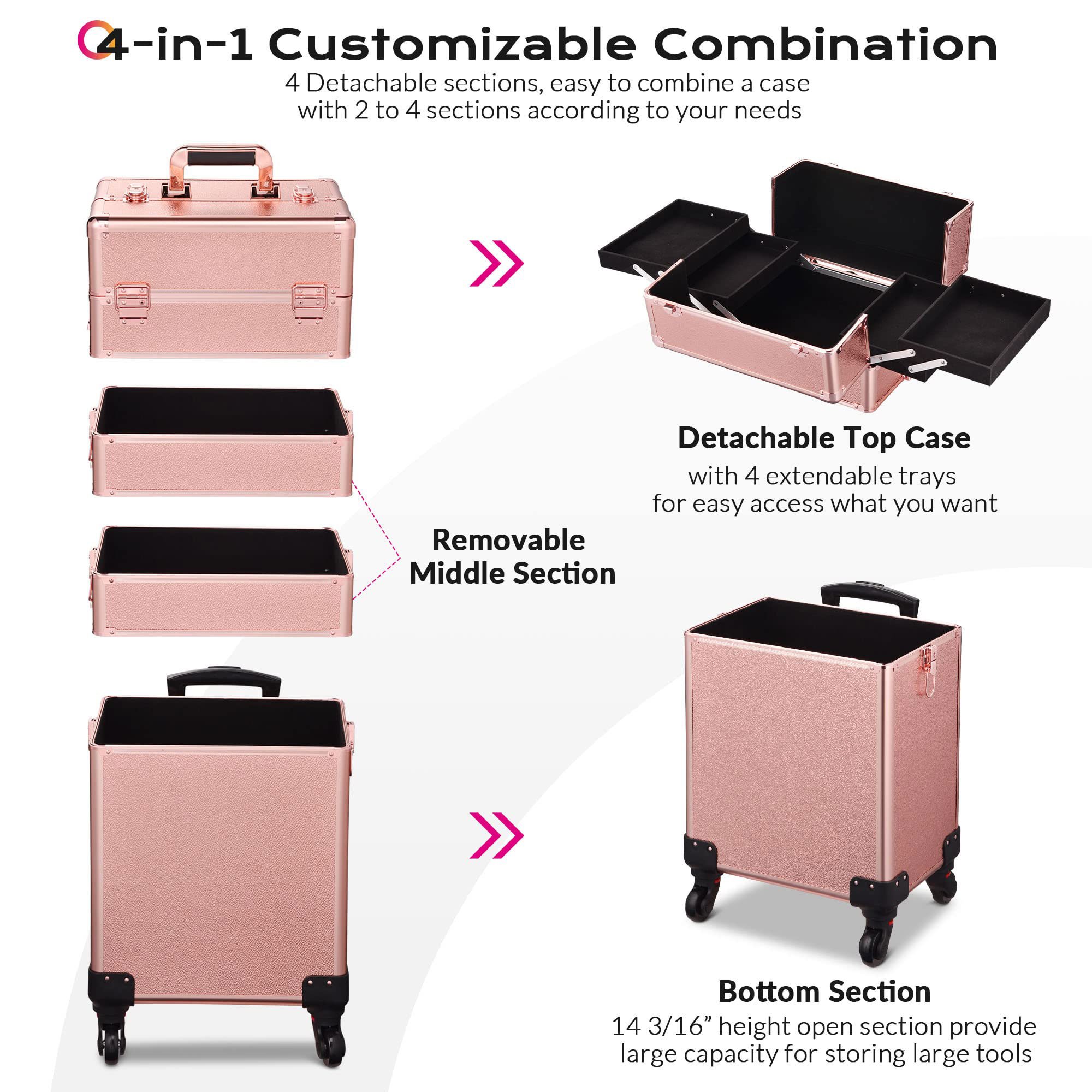Rolling Makeup Train Case 4in1 Cosmetic Trolley Organizer Travel Case Lockable Salon Removable Wheels for Makeup Artist