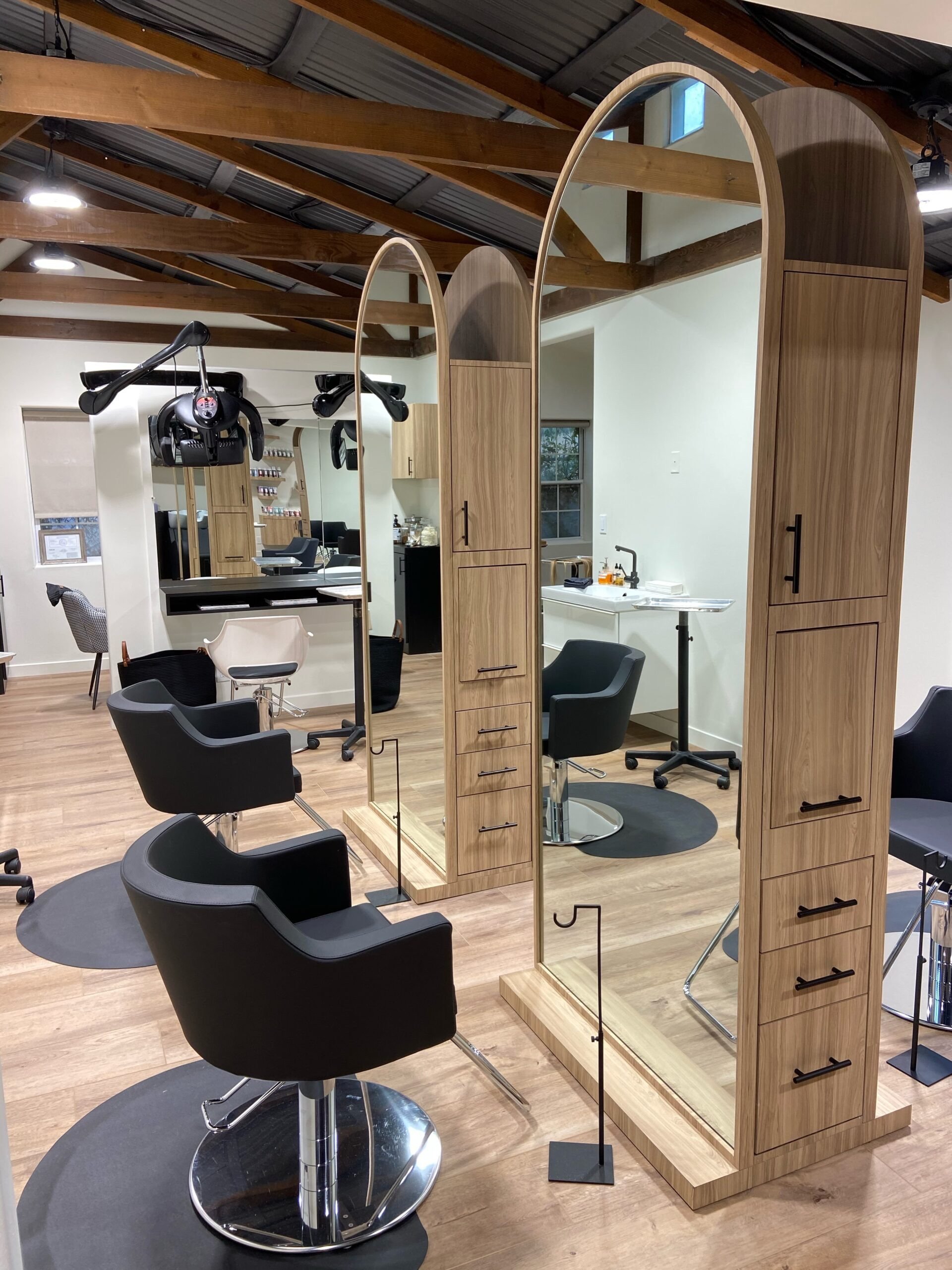 Stylist chair hair Salon Furniture Double Sides Wood Stainless Steel Hairdressing Barber Mirror Styling Station With Led