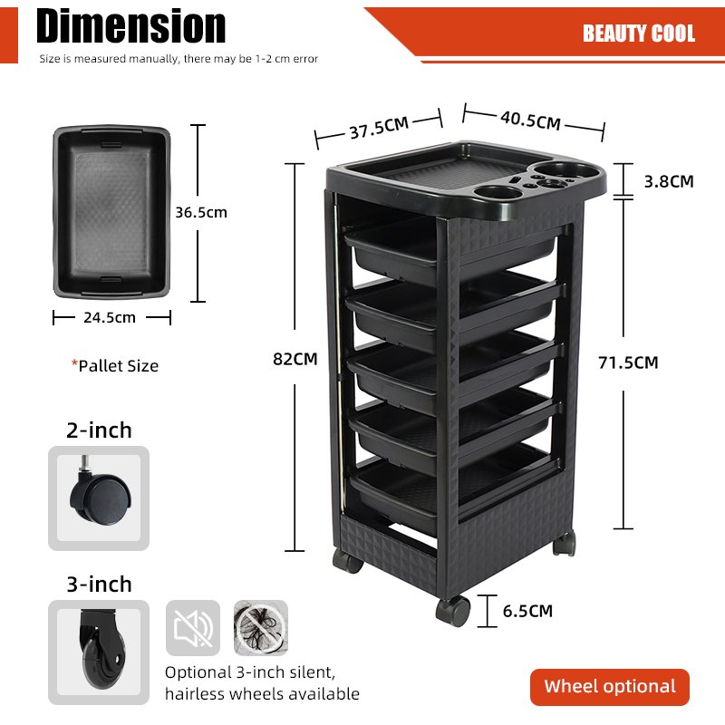 Mobile Black Salon Trolley Quality Salon Furniture Equipment Trolley Cart Beauty Use Plastic PP Materials Home with 4 Wheels