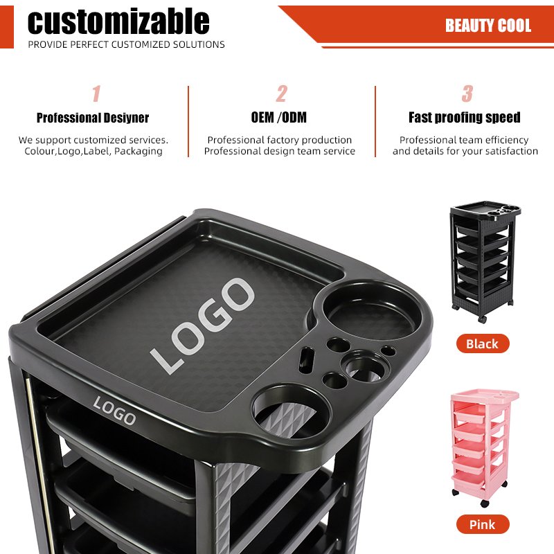 Mobile Black Salon Trolley Quality Salon Furniture Equipment Trolley Cart Beauty Use Plastic PP Materials Home with 4 Wheels