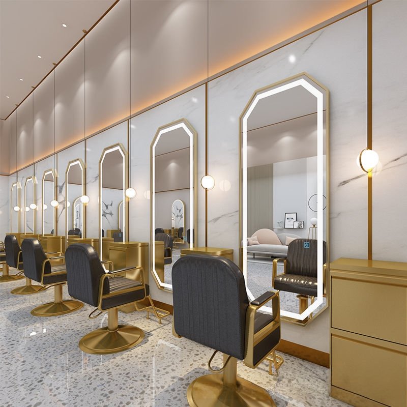 JOY high end huge LED barber shop mirror metal electroplating frame floor mirrorr for dressing room clothing store hair salon