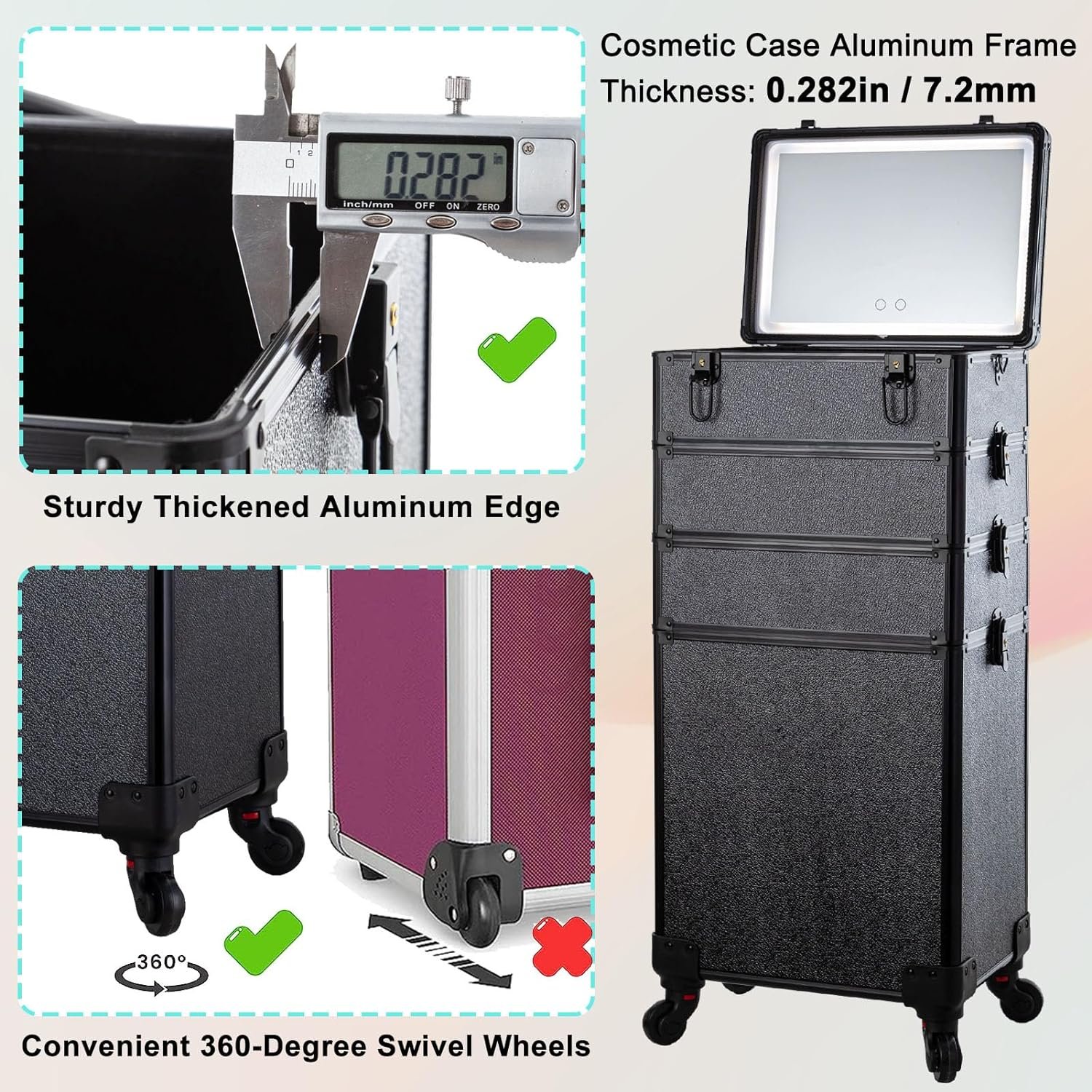 Professional Rolling Makeup Train Case with Mirror of LED Lighted 4 in 1 Large Storage Cosmetic Trolley Salon Barber Case