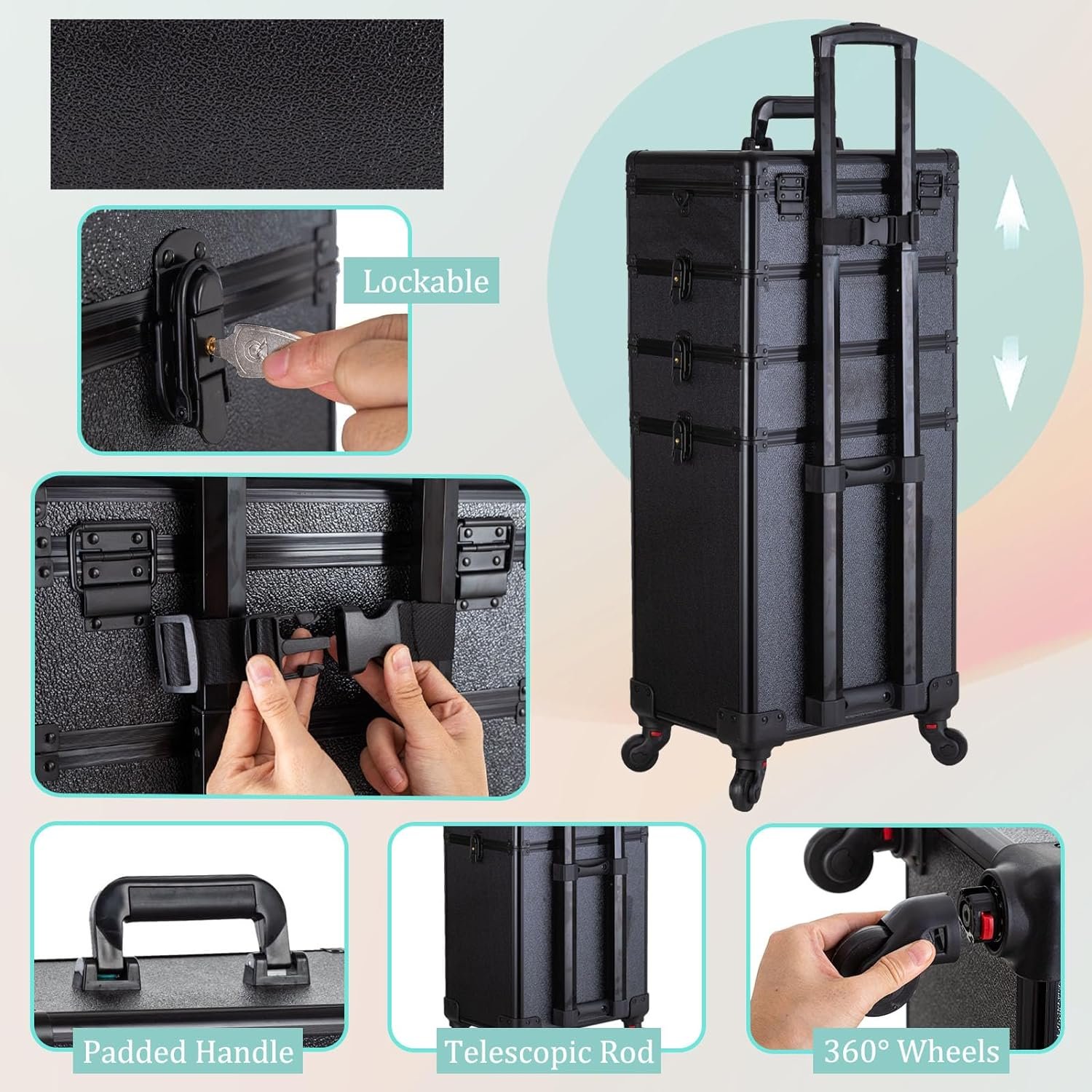Professional Rolling Makeup Train Case with Mirror of LED Lighted 4 in 1 Large Storage Cosmetic Trolley Salon Barber Case
