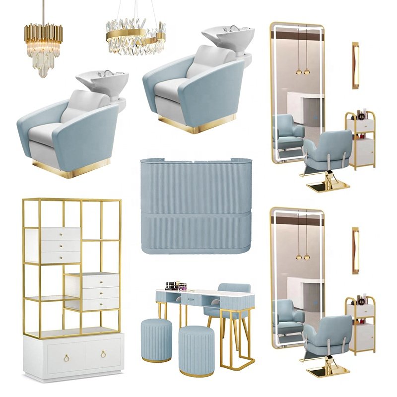 Barber Shop Waiting Sofa Curved Lash Bed Nail Table Shampoo Chair Ladies Beauty Salon Furniture Pink Salon Chair Set