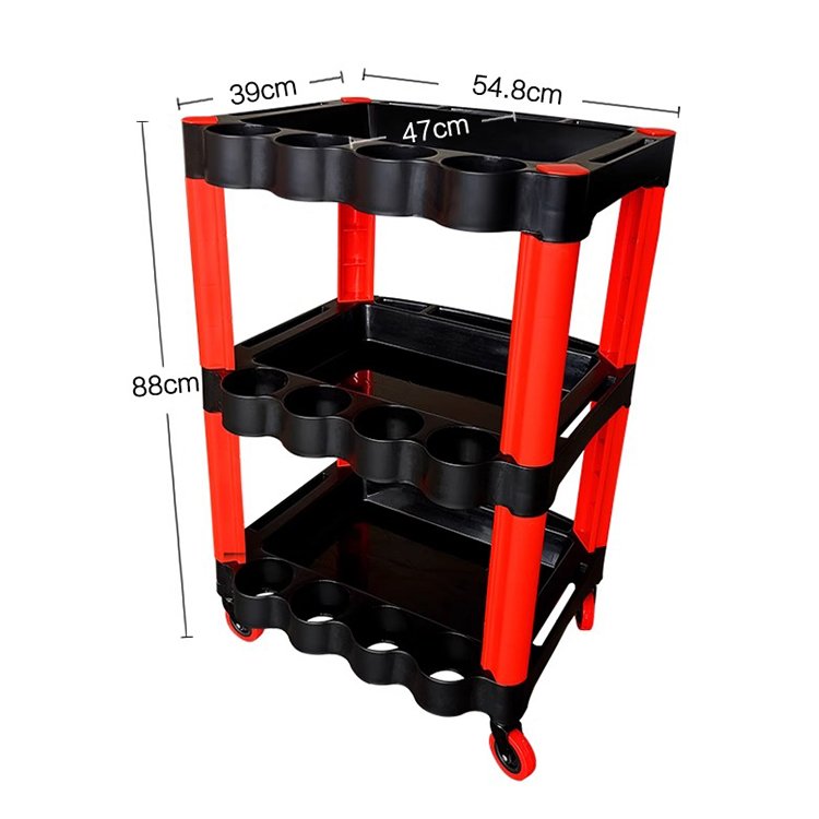 Black 3-Tier Heavy Duty Metal Frame Movable Utility Trolley Cart with 4 Wheels Folding Rack Storage Shelves for Car Detailing