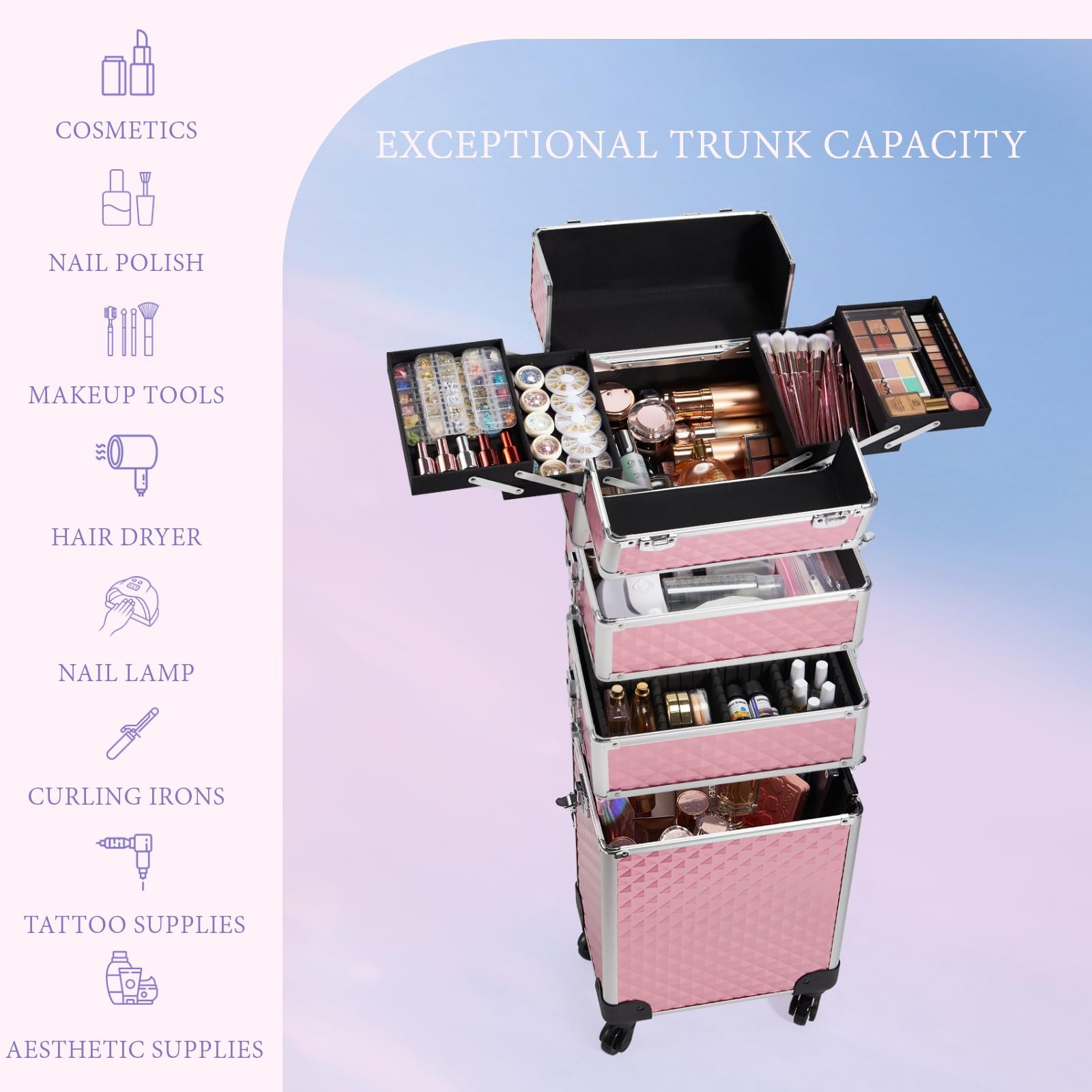 Rolling Trolley Makeup Box with Lift Handle Rotating Wheel For Salon Makeup Artist Manicurist Travel Cosmetic Bags Cases