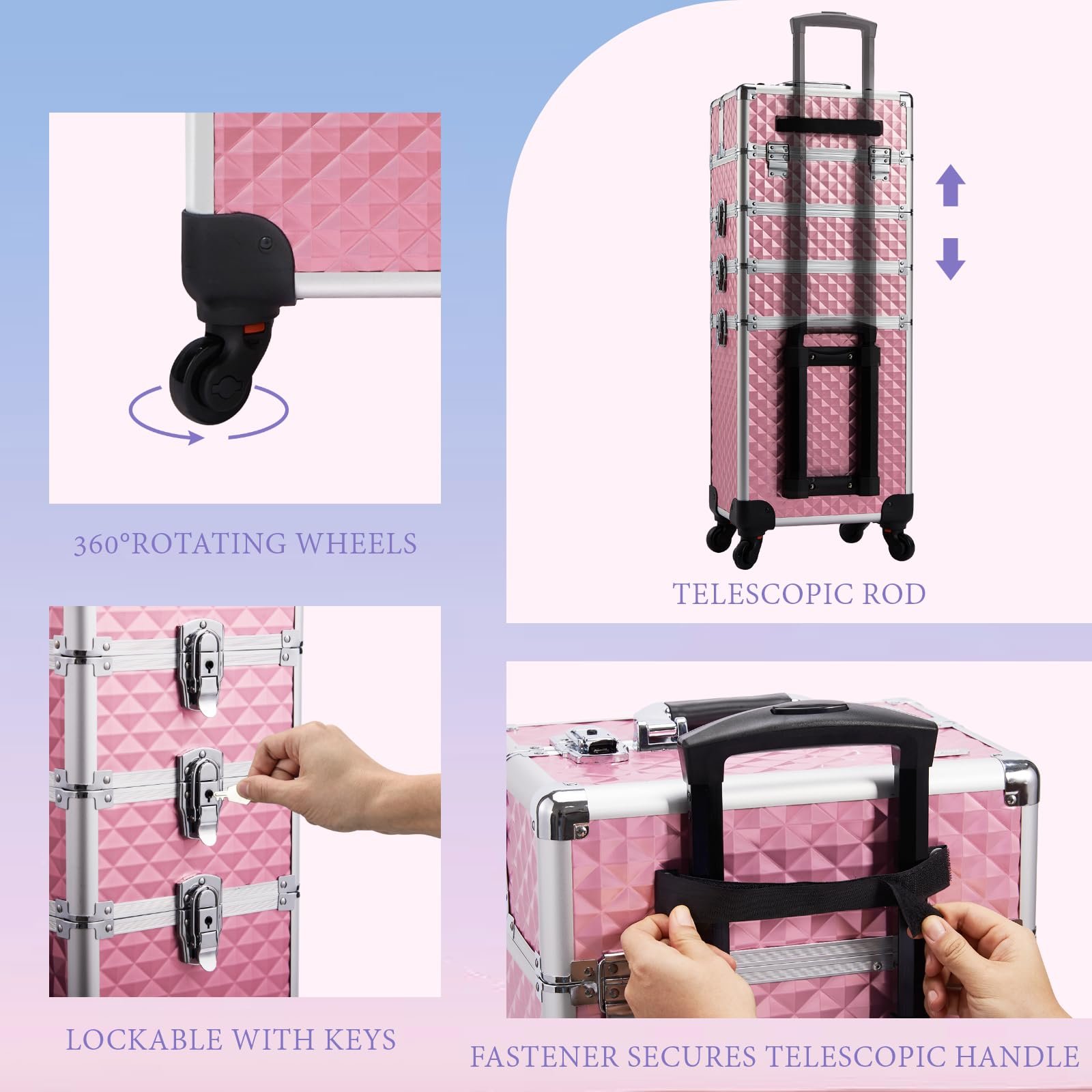 Rolling Trolley Makeup Box with Lift Handle Rotating Wheel For Salon Makeup Artist Manicurist Travel Cosmetic Bags Cases