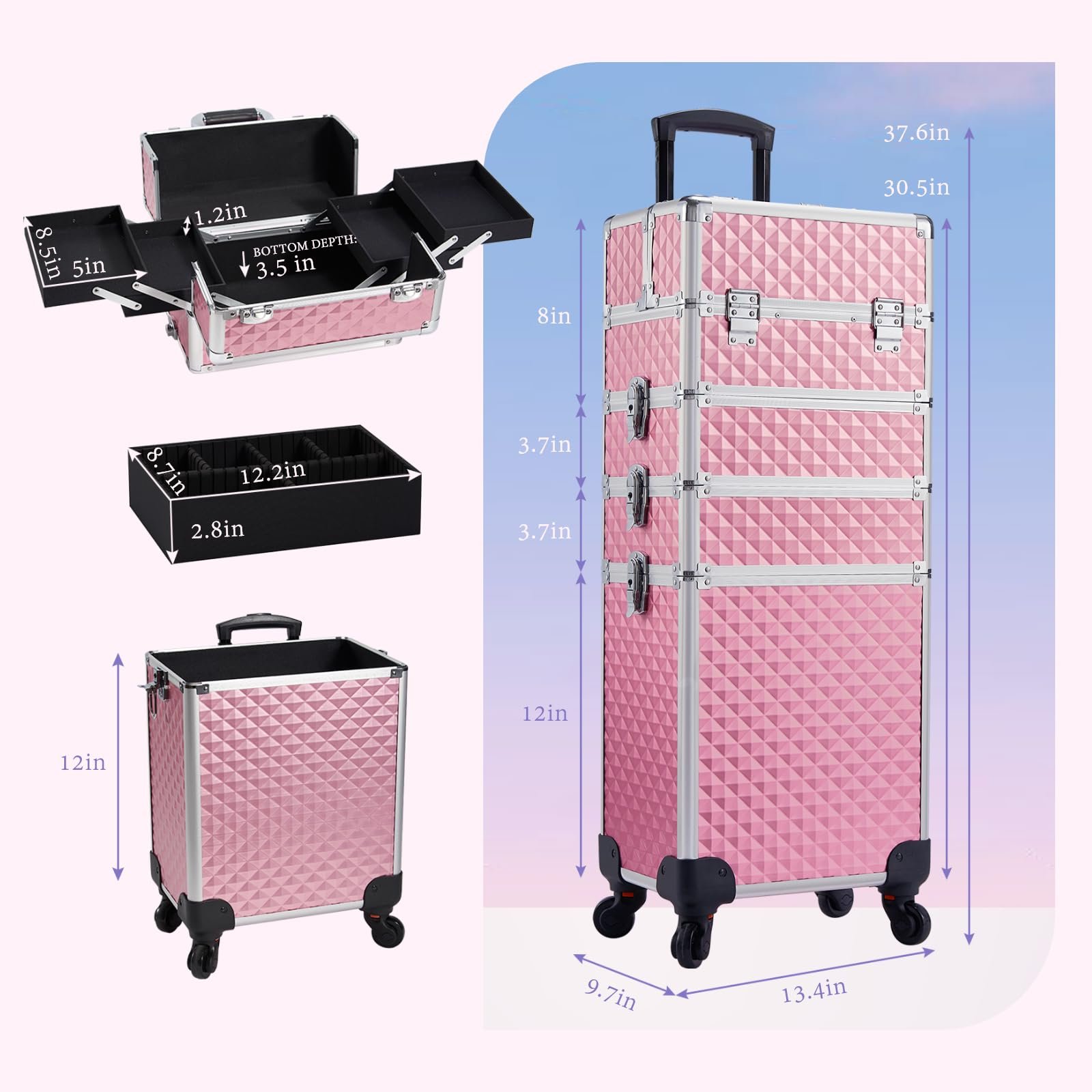 Rolling Trolley Makeup Box with Lift Handle Rotating Wheel For Salon Makeup Artist Manicurist Travel Cosmetic Bags Cases