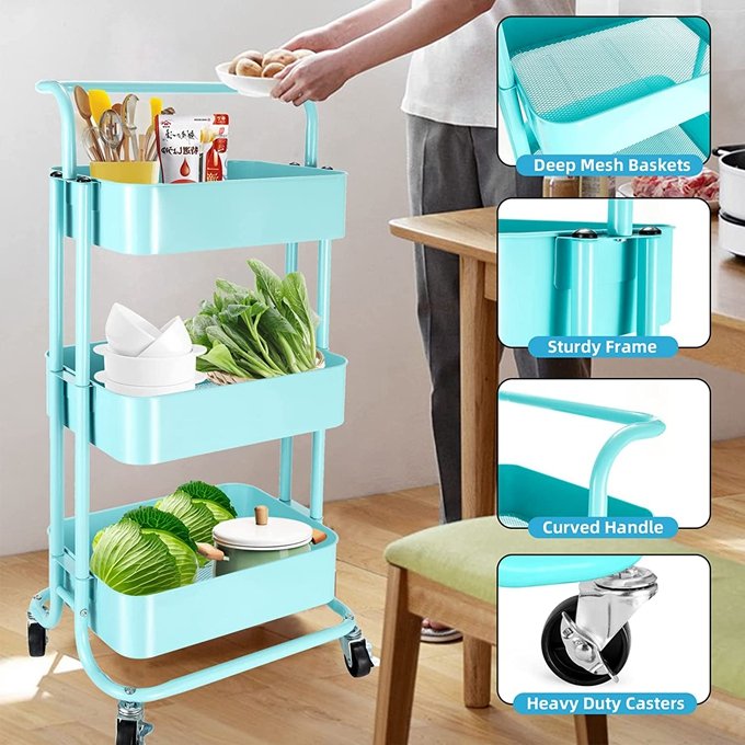 3 Tier Metal Utility Cart Blue Rolling Trolley with Handle on Wheels, Storage Organizer for Kitchen Bathroom and Home Office
