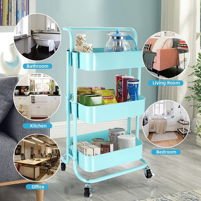 3 Tier Metal Utility Cart Blue Rolling Trolley with Handle on Wheels, Storage Organizer for Kitchen Bathroom and Home Office