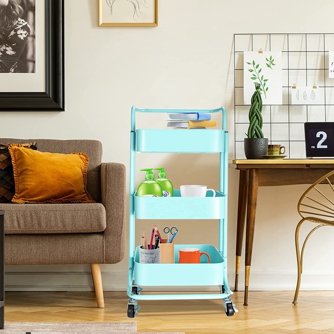 3 Tier Metal Utility Cart Blue Rolling Trolley with Handle on Wheels, Storage Organizer for Kitchen Bathroom and Home Office