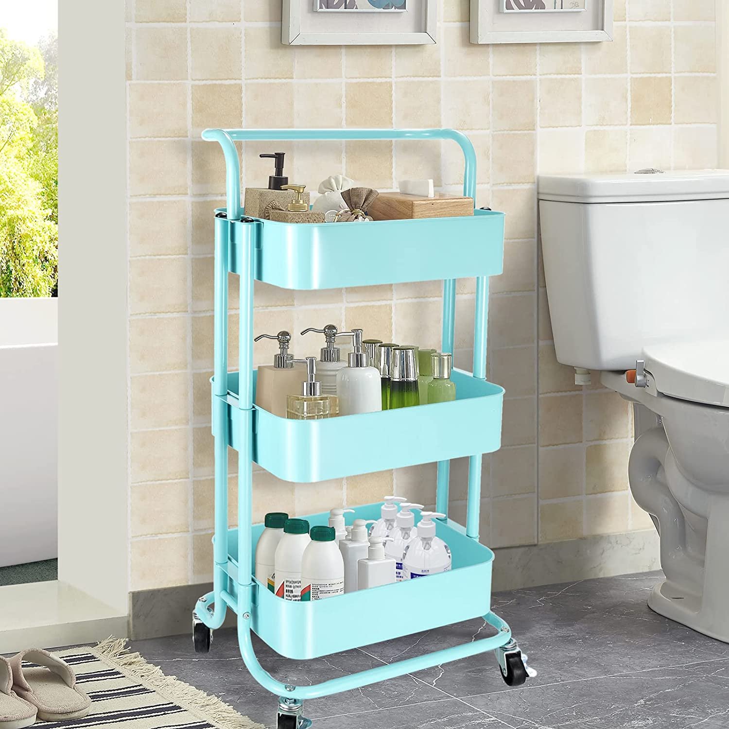 3 Tier Metal Utility Cart Blue Rolling Trolley with Handle on Wheels, Storage Organizer for Kitchen Bathroom and Home Office