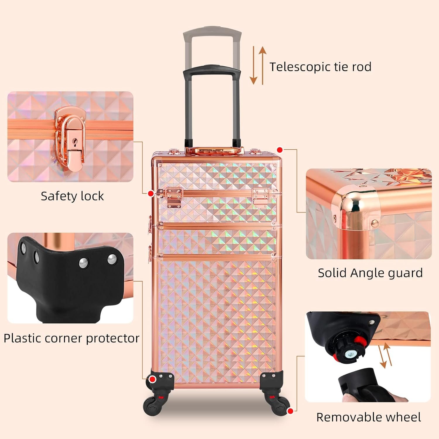Rose Gold Rolling Makeup Case 3 in 1l Makeup Train Case organizers for Salon Barber for school teaching artist