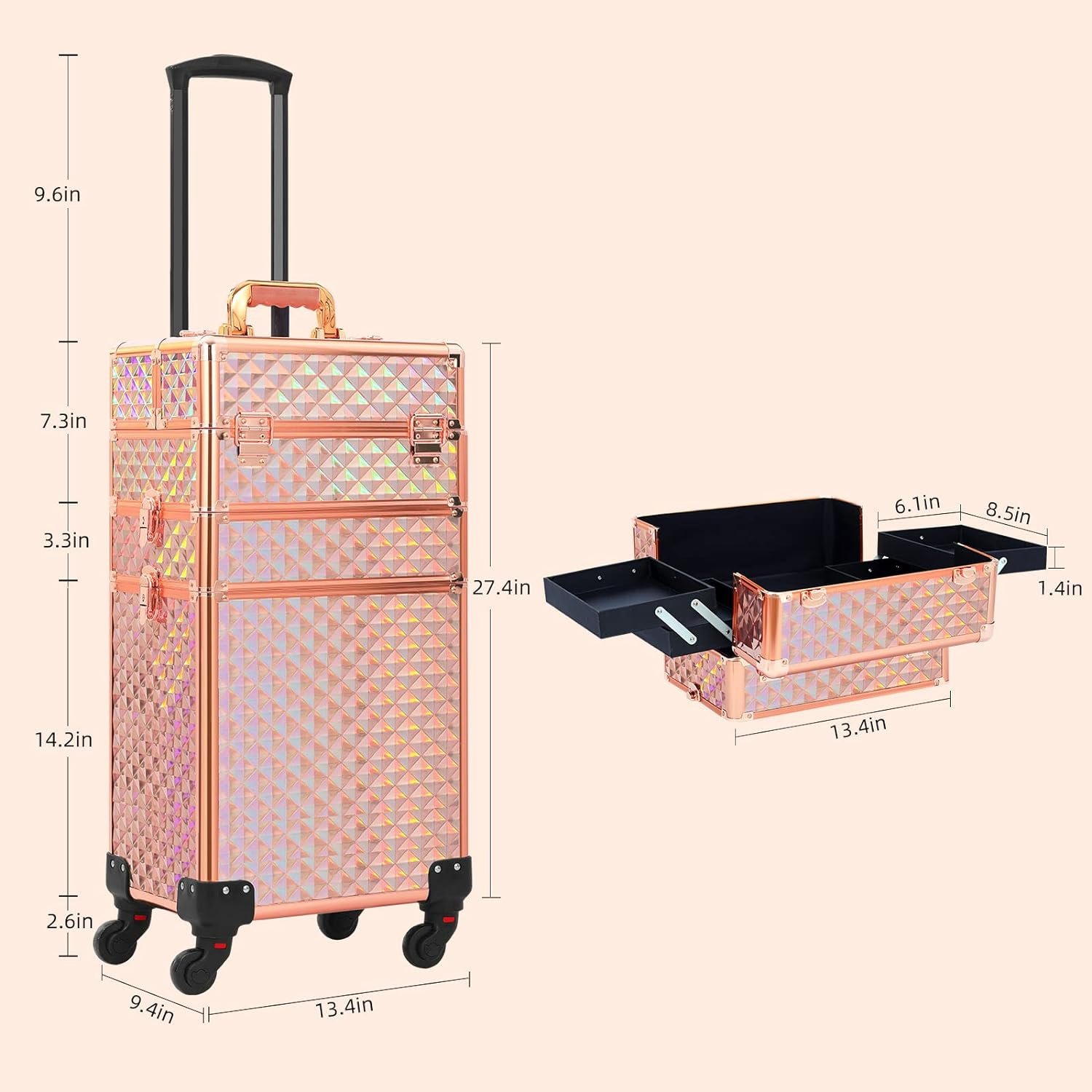 Rose Gold Rolling Makeup Case 3 in 1l Makeup Train Case organizers for Salon Barber for school teaching artist