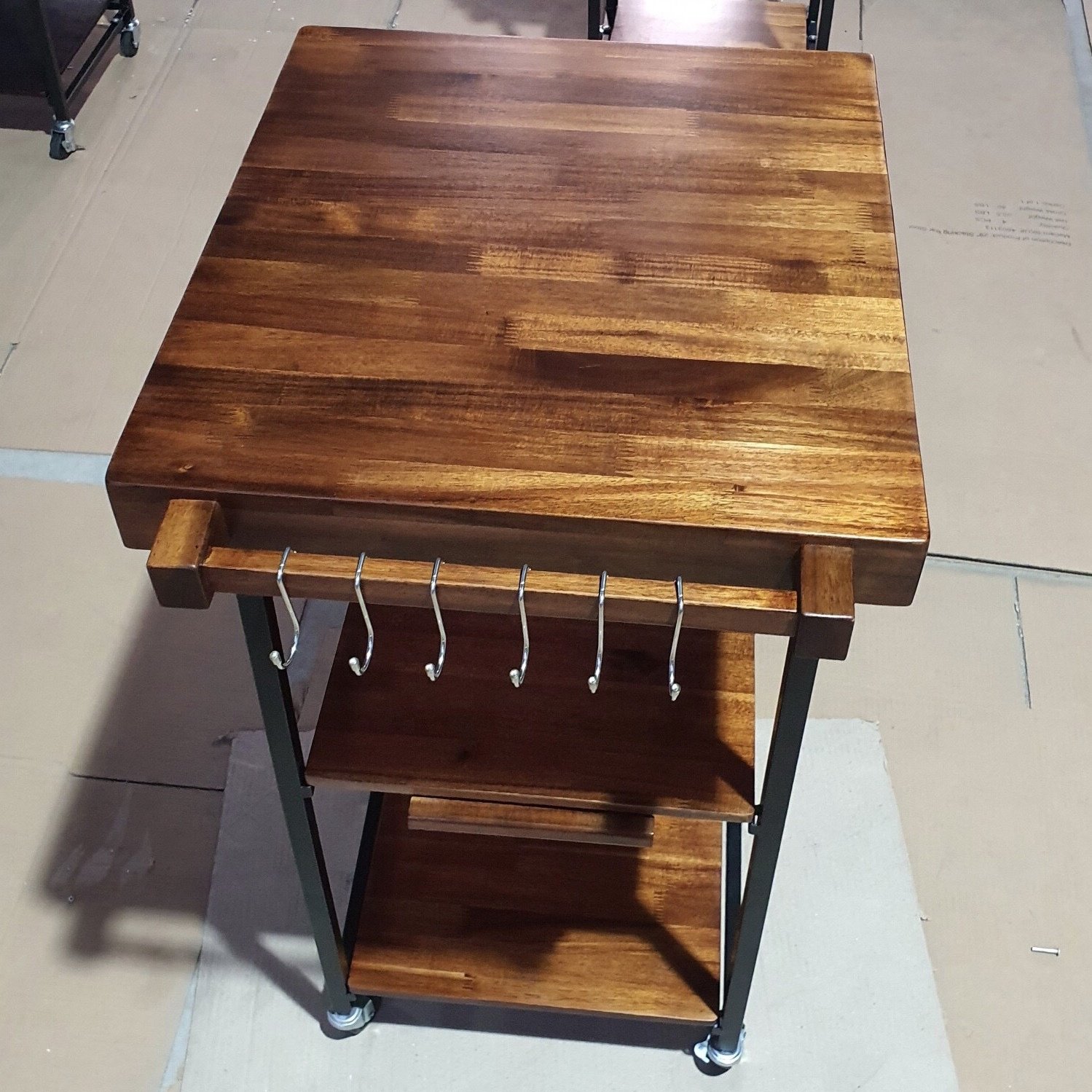 Rectangular multifunction kitchen cart with acacia shelf and steel frame wooden serving trolley