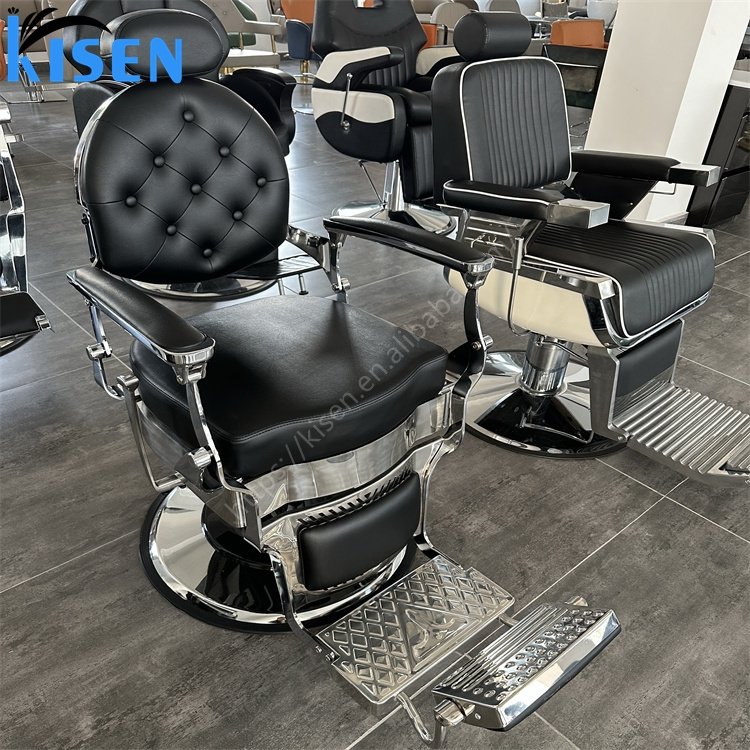 Kisen Classic Aluminium Alloy Barber Shop Chaise Chair Luxury Shaving Saloon Chairs Stainless Steel Barber Chair For Men