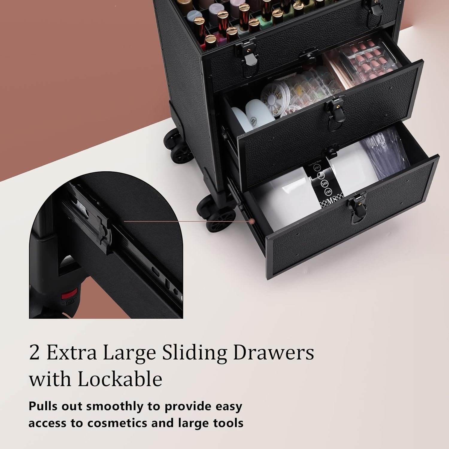 Professional 3 in 1 Rolling Makeup Case Cosmetology Case Wheels 2 Large Drawer Nail Trolley Traveling Cosmetic Train Case