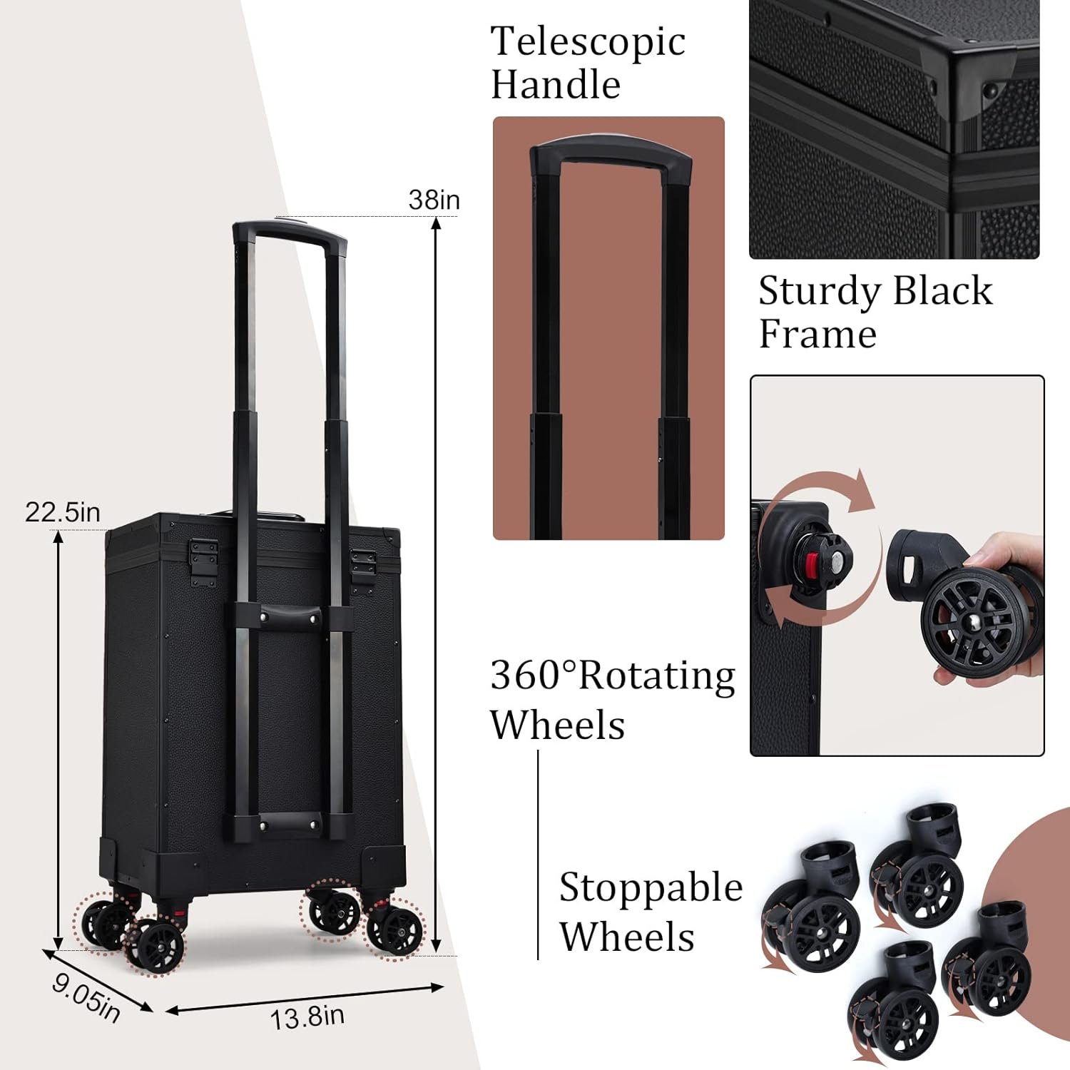 Professional 3 in 1 Rolling Makeup Case Cosmetology Case Wheels 2 Large Drawer Nail Trolley Traveling Cosmetic Train Case