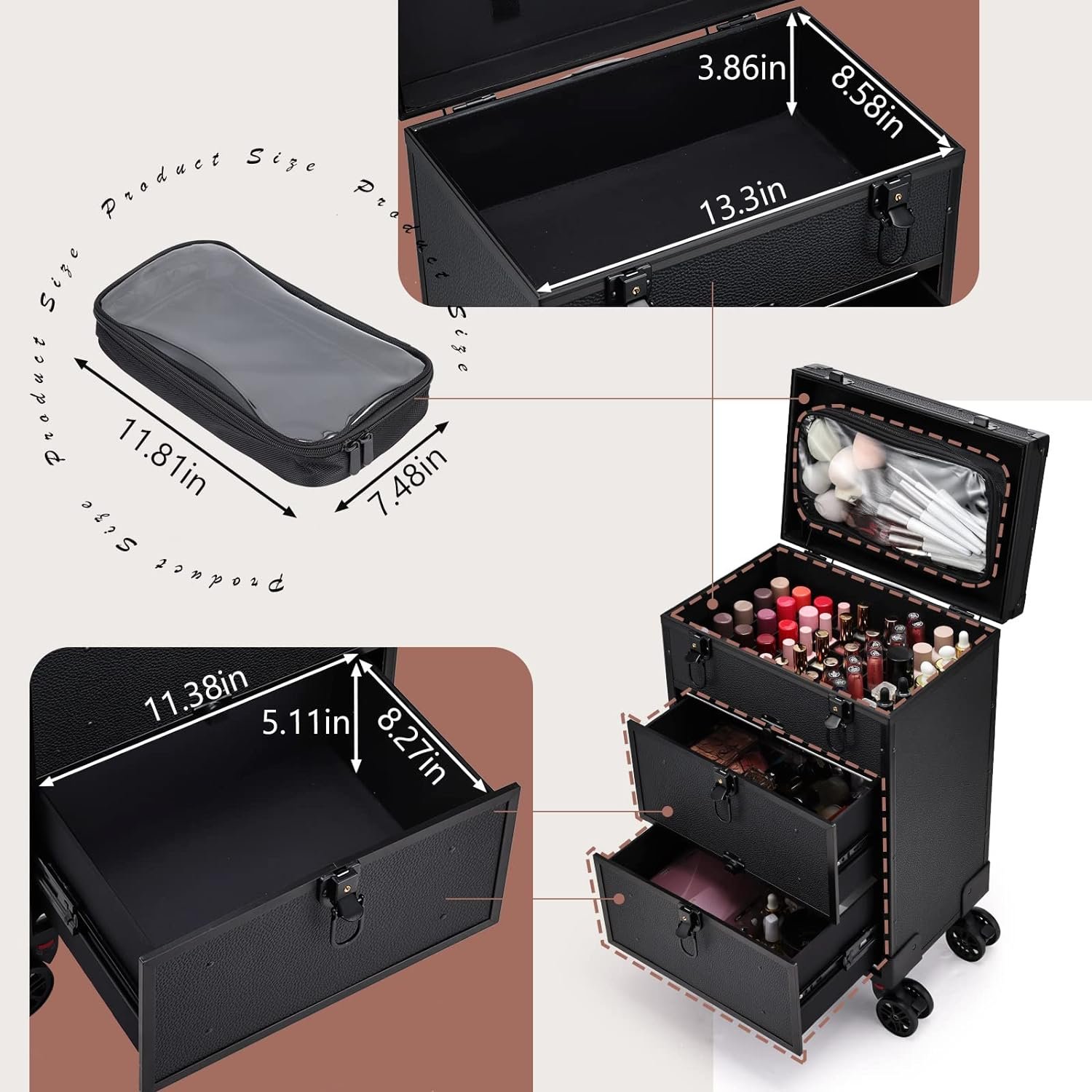Professional 3 in 1 Rolling Makeup Case Cosmetology Case Wheels 2 Large Drawer Nail Trolley Traveling Cosmetic Train Case