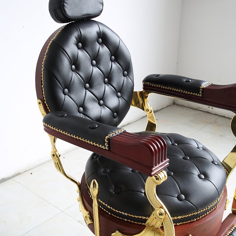 2023 new wood grain stainless steel gold-plated retro barber chair can be reversed PU leather custom color