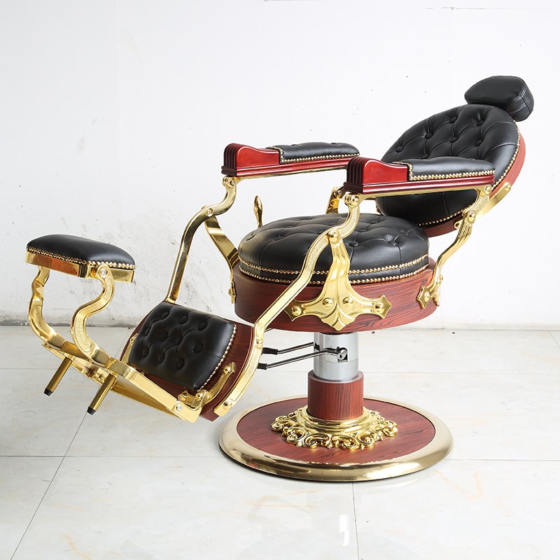 2023 new wood grain stainless steel gold-plated retro barber chair can be reversed PU leather custom color