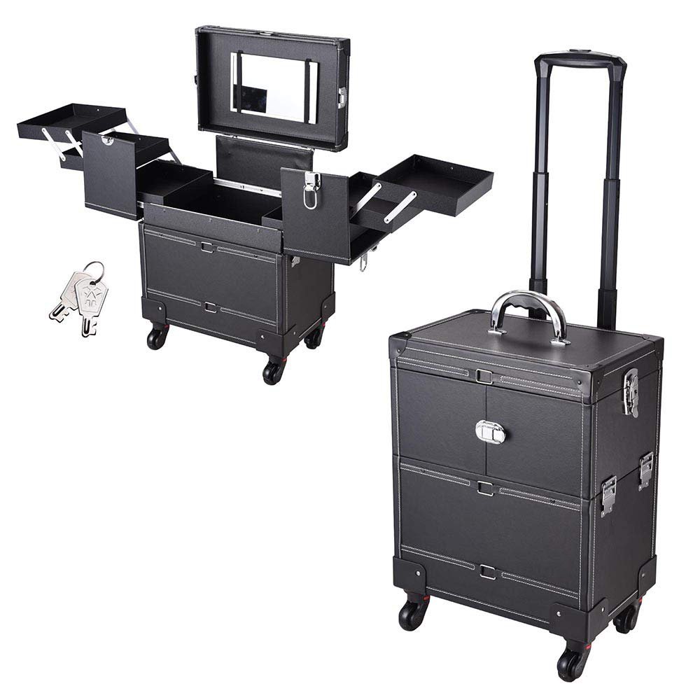 Rolling Makeup Train Case Salon Lockable Trolley With Sliding Drawers Case Pro Large Cosmetic Suitcase For Artists Hair Stylist