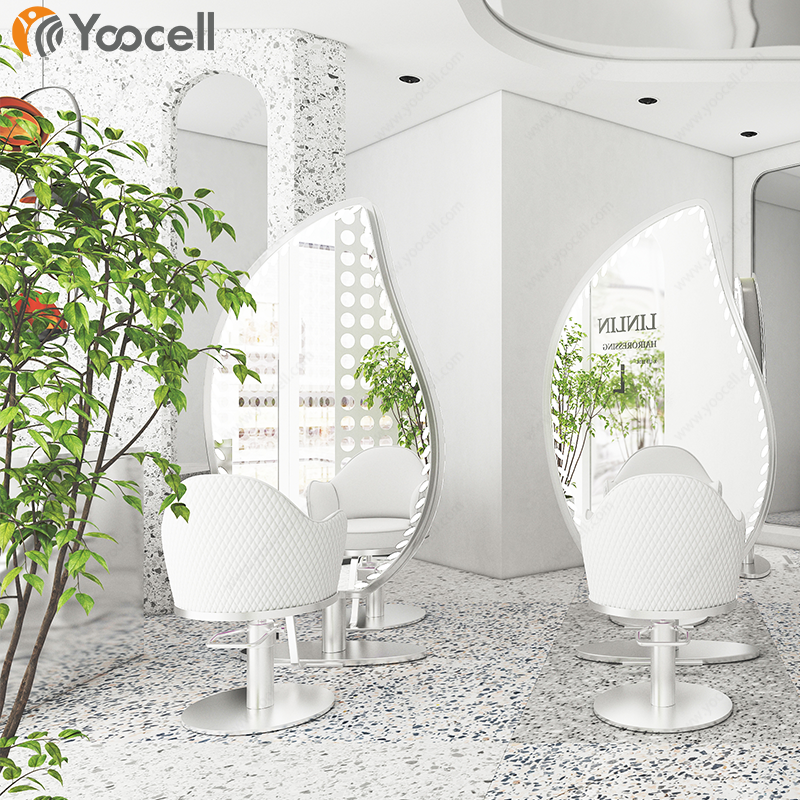 Yoocell white leather silver round base barbershop hairdresser furniture set stylist chairs styling station make up hair chair
