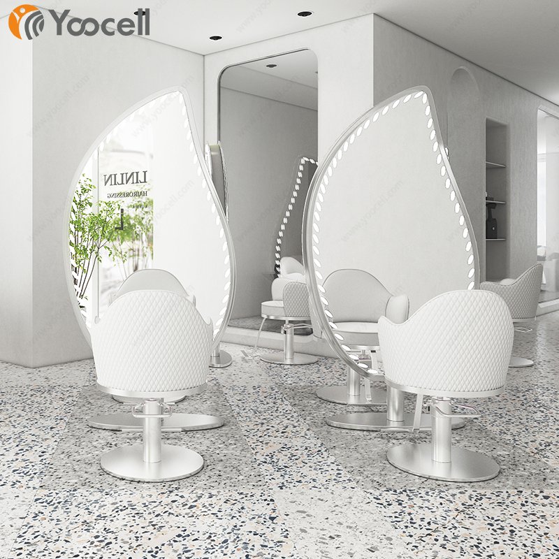 Yoocell white leather silver round base barbershop hairdresser furniture set stylist chairs styling station make up hair chair