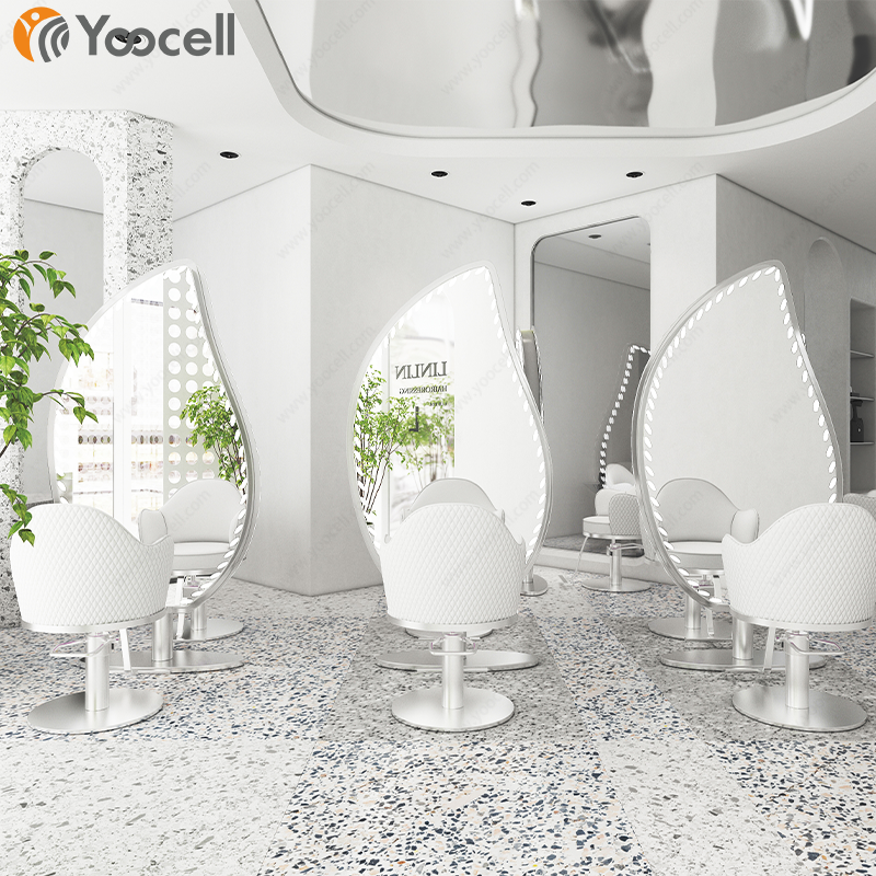 Yoocell white leather silver round base barbershop hairdresser furniture set stylist chairs styling station make up hair chair