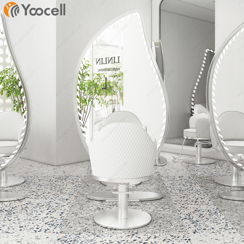 Yoocell white leather silver round base barbershop hairdresser furniture set stylist chairs styling station make up hair chair