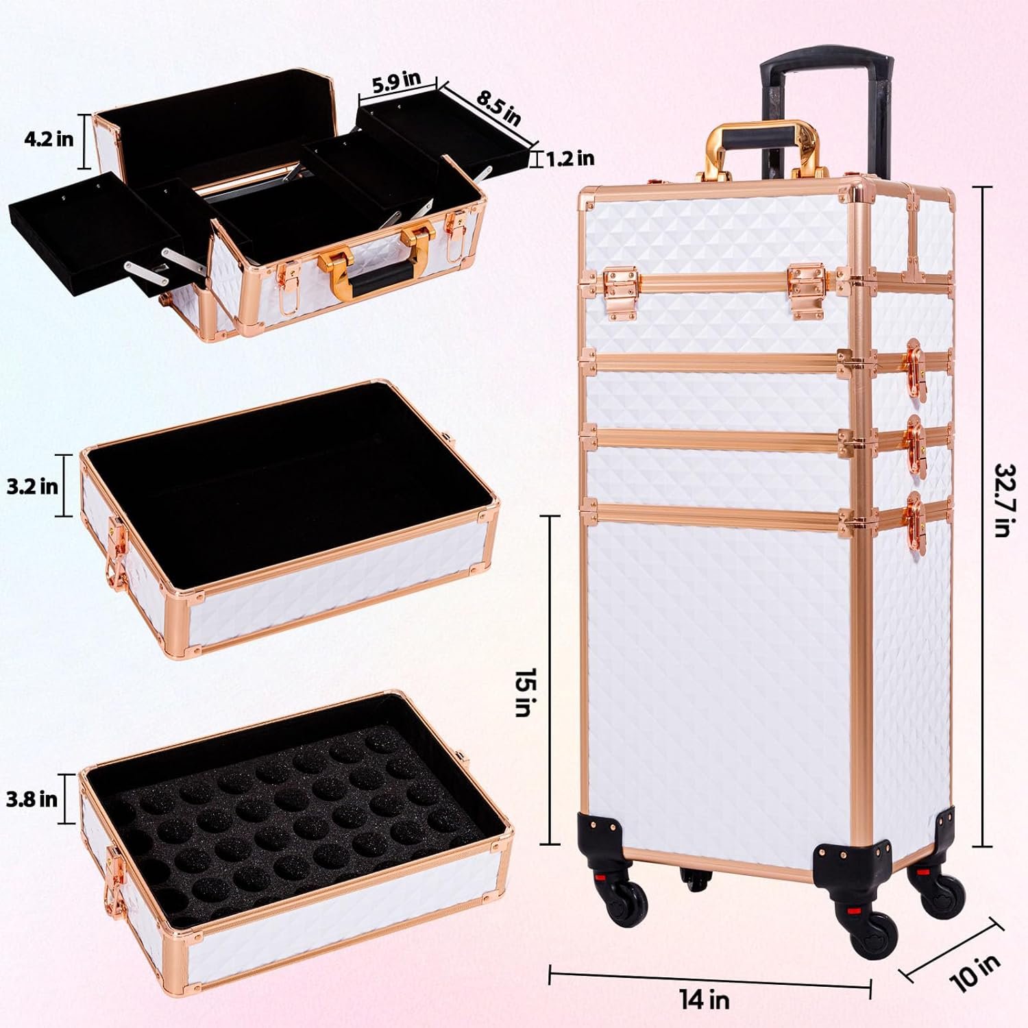 Rolling Makeup Train Case Large Storage Cosmetic Trolley 4 in 1 Large Capacity Trolley Makeup Travel Case
