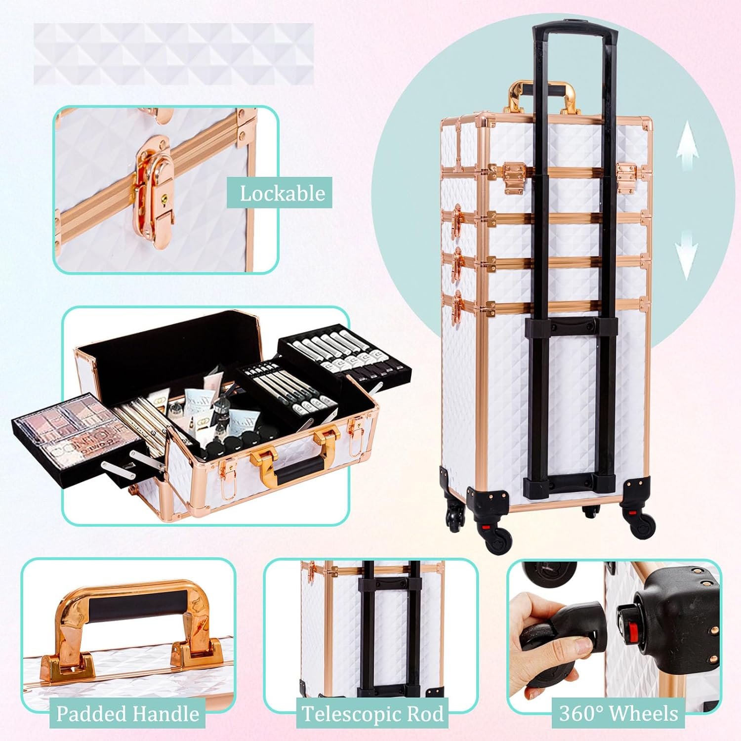 Rolling Makeup Train Case Large Storage Cosmetic Trolley 4 in 1 Large Capacity Trolley Makeup Travel Case