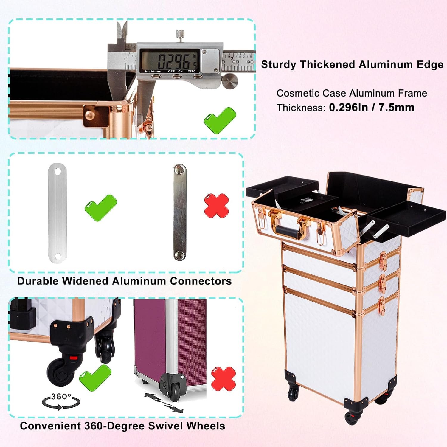 Rolling Makeup Train Case Large Storage Cosmetic Trolley 4 in 1 Large Capacity Trolley Makeup Travel Case