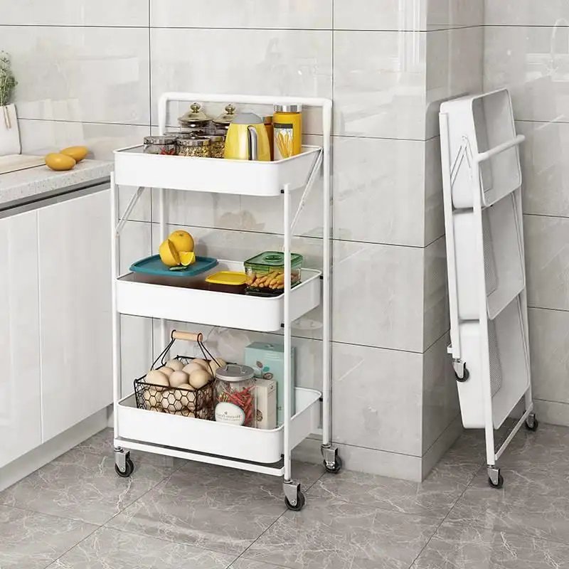 Dining Furniture Foldable and Easy to Store Shelves Storage Trolley 3-Tier Foldable Storage Trolley Cart