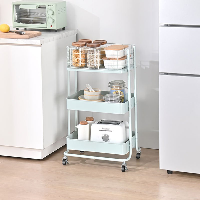 13CM High Fence 3 Tier Metal Utility Rolling Cart Storage Trolley Cart For Student Dormitory Office Kitchen Bathroom