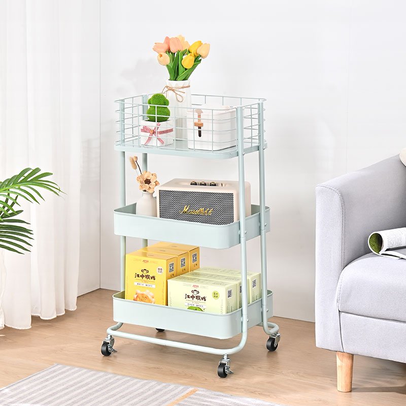 13CM High Fence 3 Tier Metal Utility Rolling Cart Storage Trolley Cart For Student Dormitory Office Kitchen Bathroom