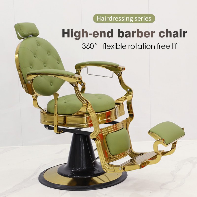 Luxury Barbershop Furniture Green Gold Salon Hairdreesing Styling Chair Heavy Duty Rotation Tufted Round Base Barber Chair