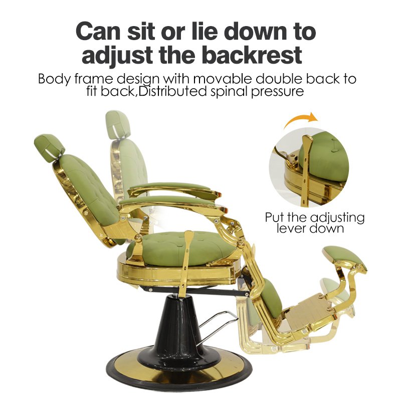 Luxury Barbershop Furniture Green Gold Salon Hairdreesing Styling Chair Heavy Duty Rotation Tufted Round Base Barber Chair