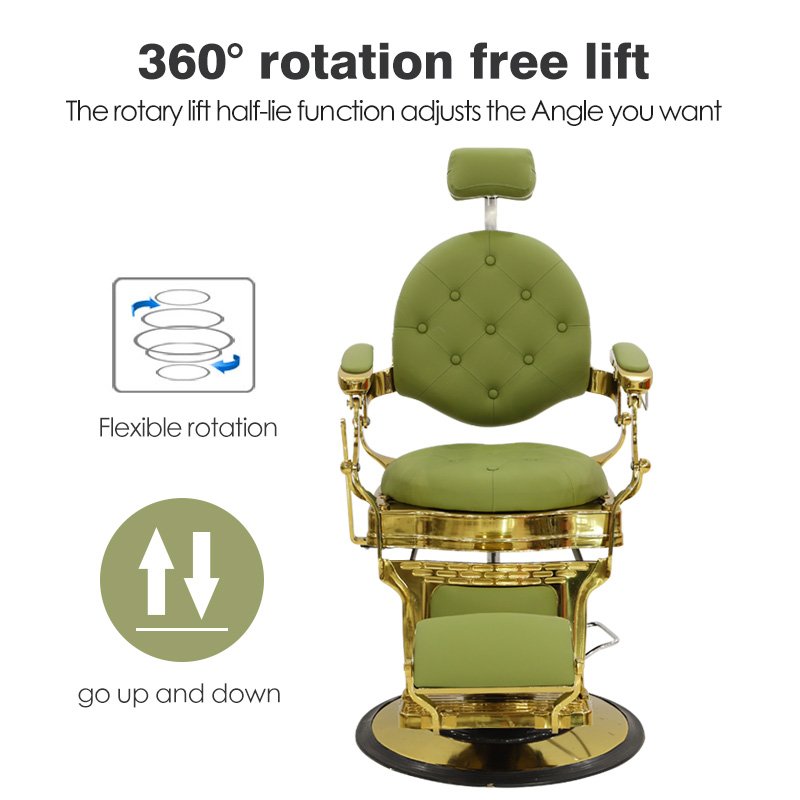 Luxury Barbershop Furniture Green Gold Salon Hairdreesing Styling Chair Heavy Duty Rotation Tufted Round Base Barber Chair