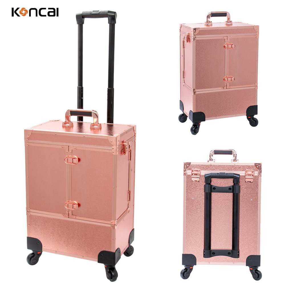 Beauty Rose gold Makeup Train Case Manicure Nail Polish Storage Suitcase Hairdressing Rolling Trolley Case