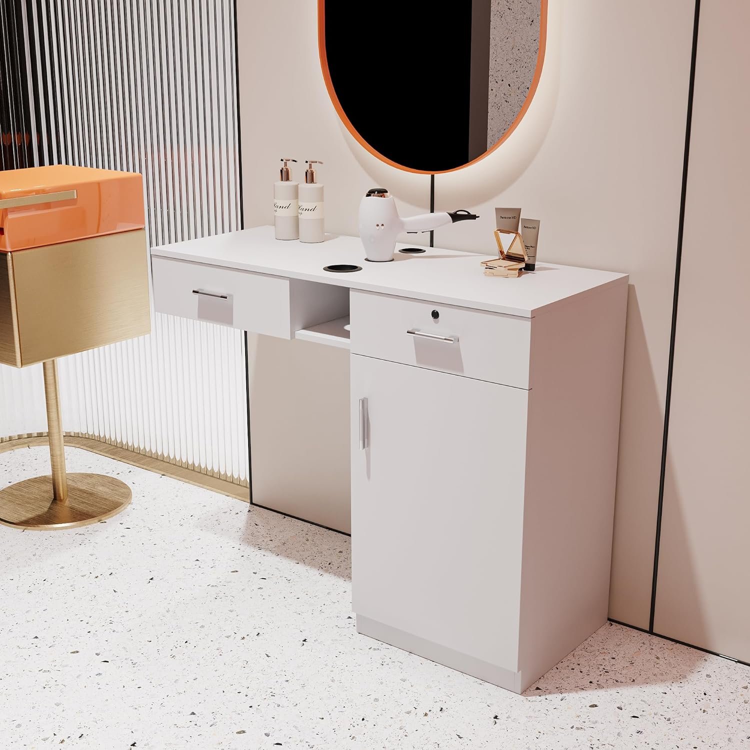 Modern salon station white wall-mounted molding station Wooden salon cabinet, barbershop beauty spa lock storage table