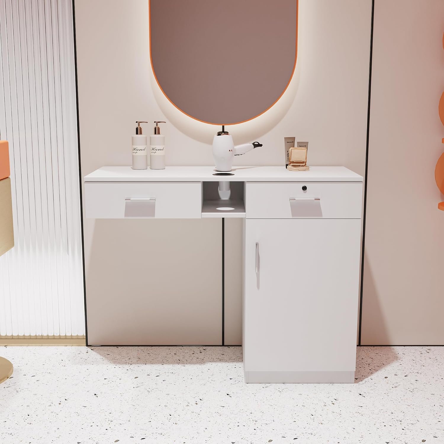 Modern salon station white wall-mounted molding station Wooden salon cabinet, barbershop beauty spa lock storage table
