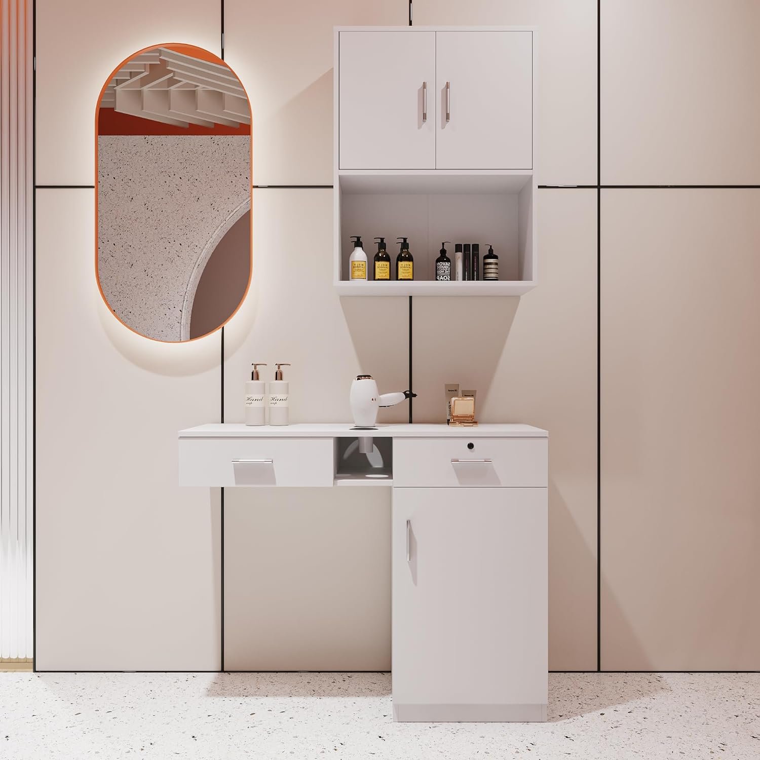 Modern salon station white wall-mounted molding station Wooden salon cabinet, barbershop beauty spa lock storage table