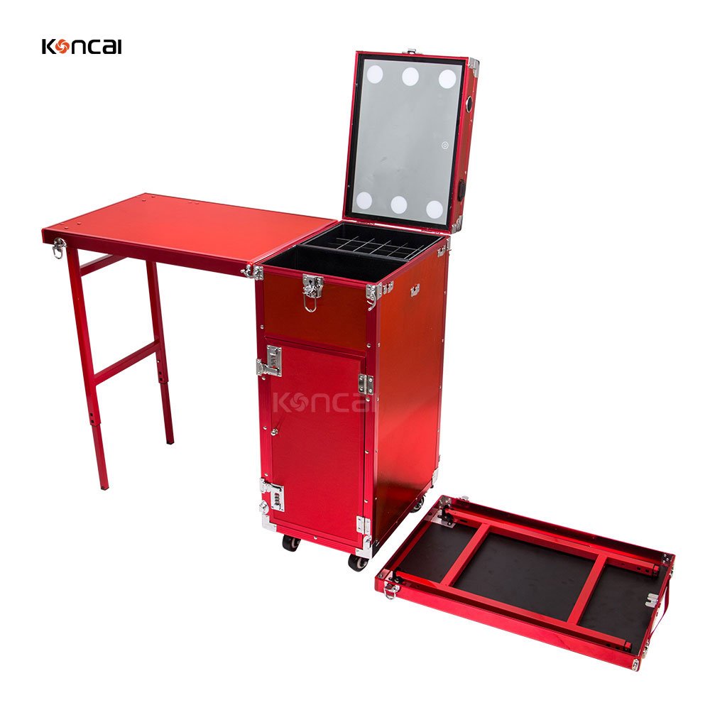 KONCAI Hot Sell Nail Polish Rolling Makeup Case Double Desks Salon Technician Artist Manicure Makeup Station Foldable Nail Table