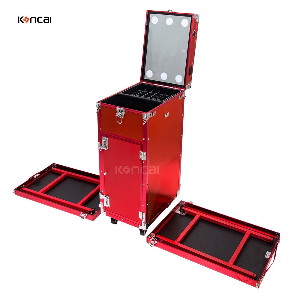 KONCAI Hot Sell Nail Polish Rolling Makeup Case Double Desks Salon Technician Artist Manicure Makeup Station Foldable Nail Table