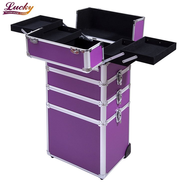 34cm x 25cm x 72cm Extra Large 4 in 1 Aluminum Rolling Hairdressing Makeup Case Salon Artist Cosmetic Organizer Makeup Trolley