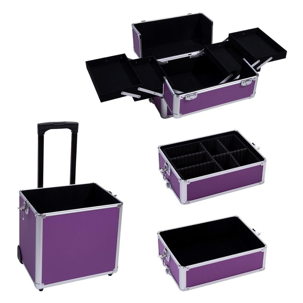 34cm x 25cm x 72cm Extra Large 4 in 1 Aluminum Rolling Hairdressing Makeup Case Salon Artist Cosmetic Organizer Makeup Trolley