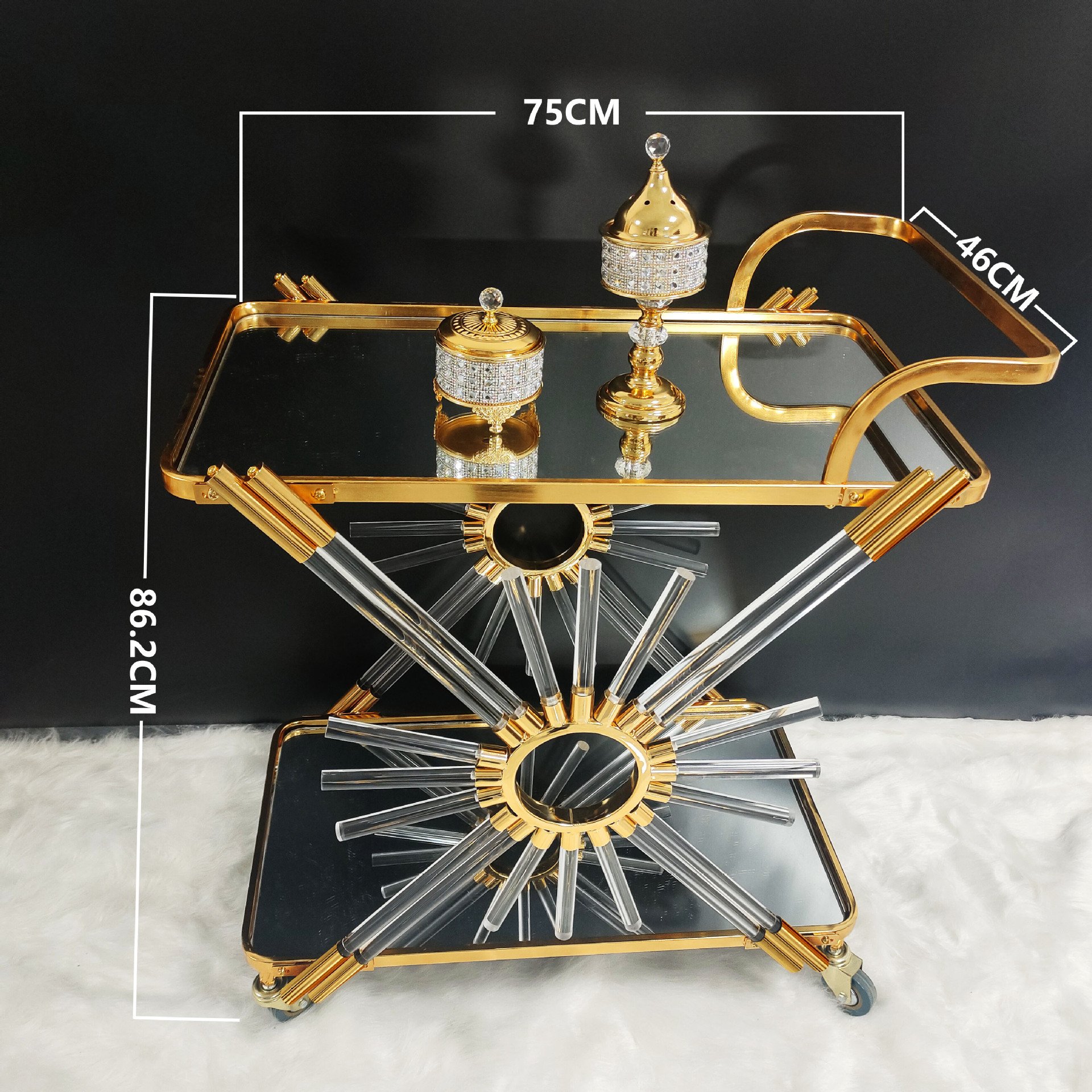 2024 New Arrival European Style Wheel Mirrored Hotel Trolley Cart Metal Modern Handmade Customized Style Furniture Modle