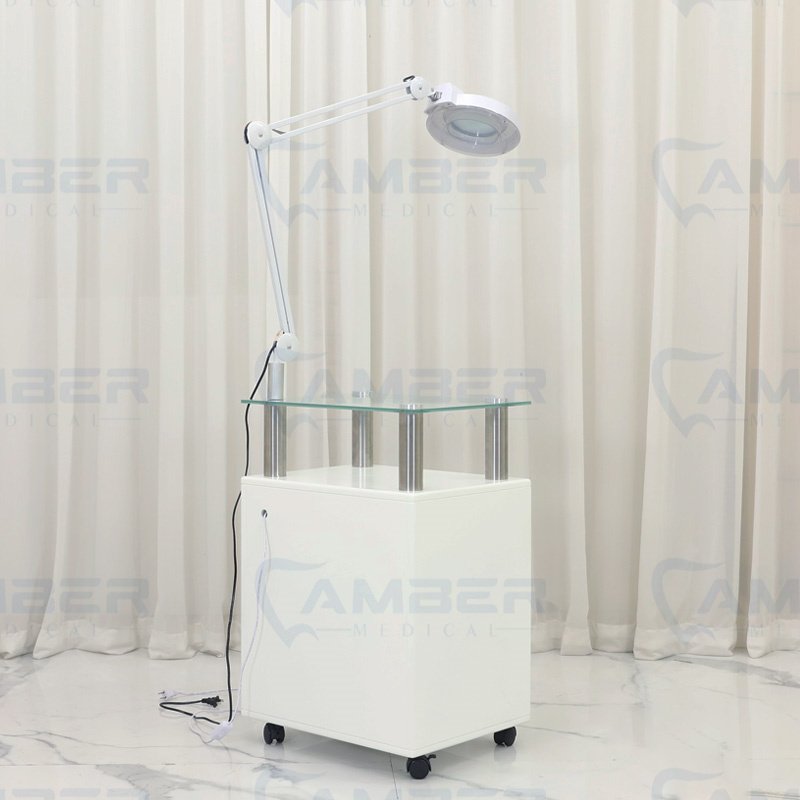 Modern Salon Trolley Cart Golden Metal Beauty Tools with Magnifying Glass